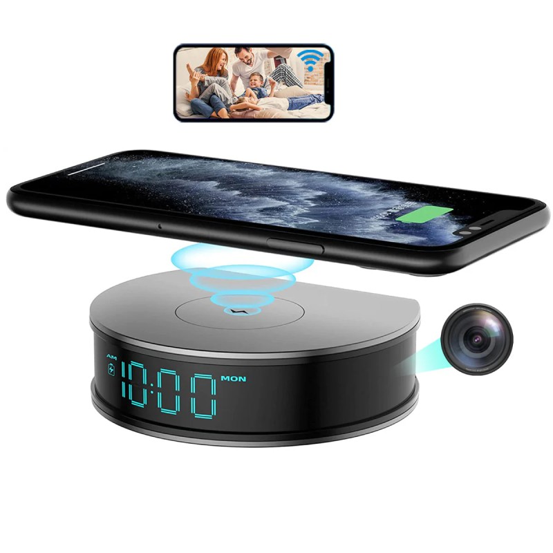 Caméra WiFi Full HD dans réveil avec chargeur à induction