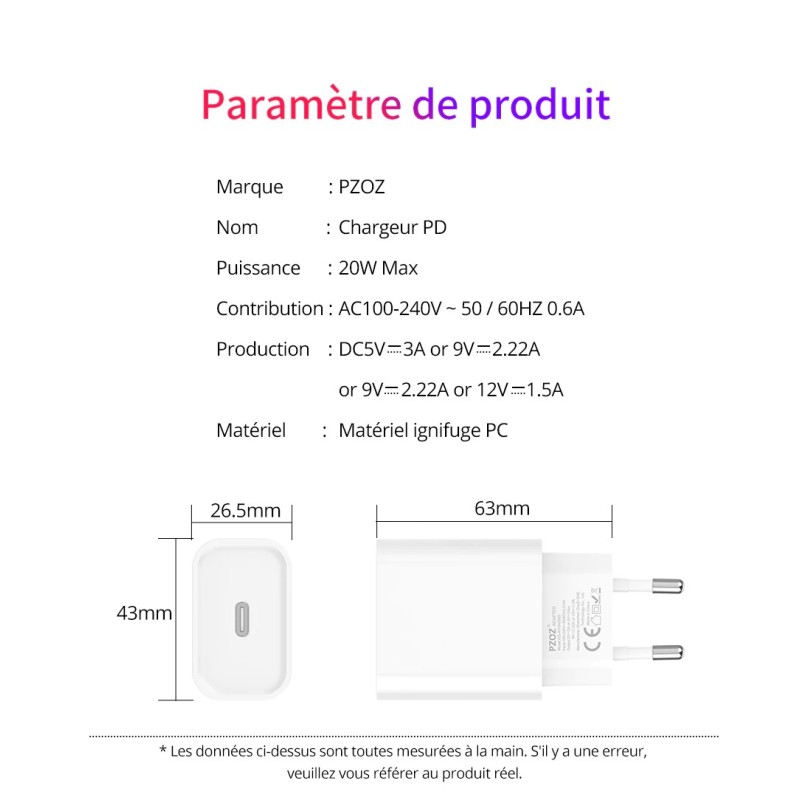 Chargeur Secteur Rapide 18W Compatible avec iPhone
