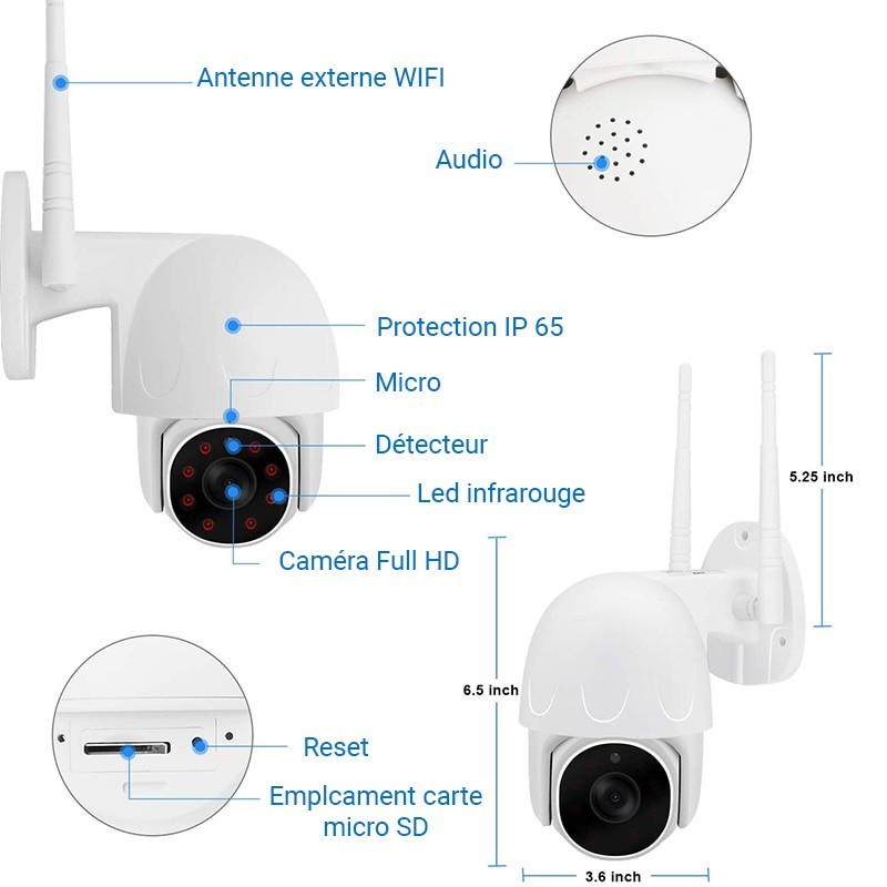 Caméra de surveillance PTZ extérieur Full HD WIFI accessible à distance  vision nocturne